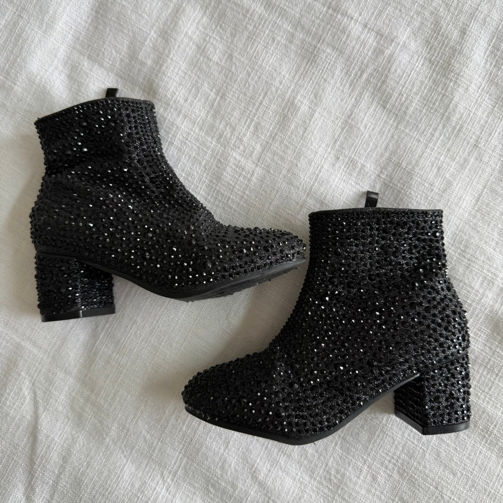 Link Black Rhinestone Crystal Embellished Block Heel Ankle Boots Size 10